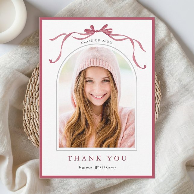 Cartão De Agradecimento Minimalist Deep Blush Bow Graduation Photo (Criador carregado)