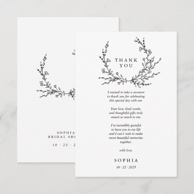 Cartão De Agradecimento Minimalist Floral Line Art Flat Thank You Card (Frente/Verso)