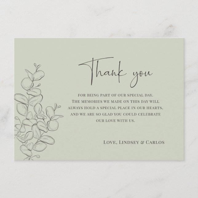 Cartão De Agradecimento Minimalist handdrawn leaves green script wedding (Frente)