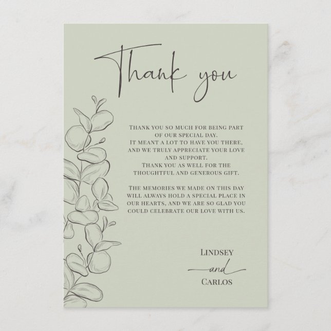 Cartão De Agradecimento Minimalist handdrawn leaves green script wedding (Frente)