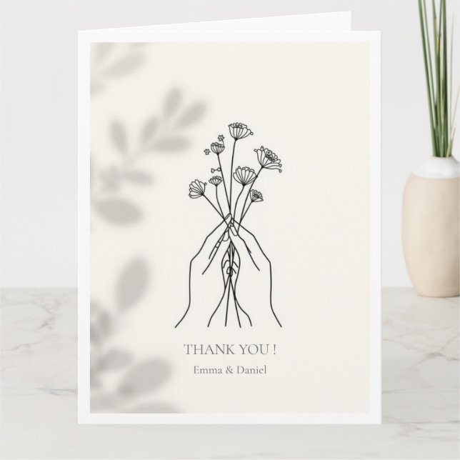 Cartão De Agradecimento Minimalist Line Art Hands & Flowers Thank You Card (Frente)