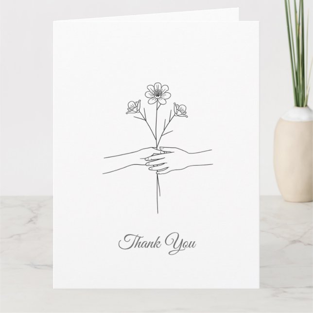 Cartão De Agradecimento Minimalist Line Art Hands & Flowers Wedding Thank  (Frente)