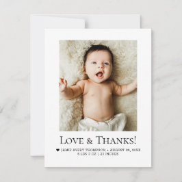 Cartão De Agradecimento Minimalist Love & Thanks Baby Photo Birth Stats