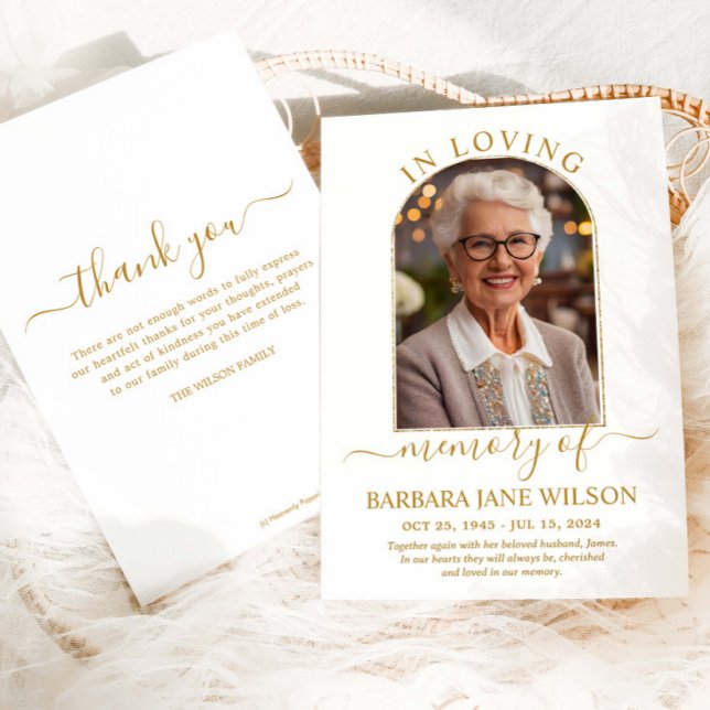 Cartão De Agradecimento Minimalist Modern Gold Arch Photo Funeral Memorial (Criador carregado)