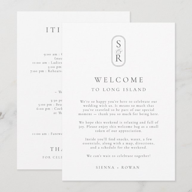 Cartão De Agradecimento Minimalist Wedding Program Card with Monogram (Frente/Verso)