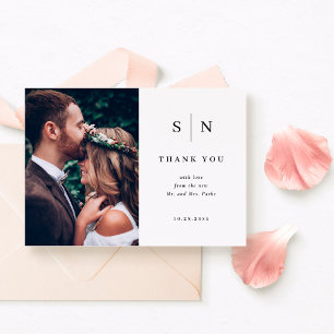 Cartão De Agradecimento Minimalista e Chic   Foto de Casamento Preto e Bra