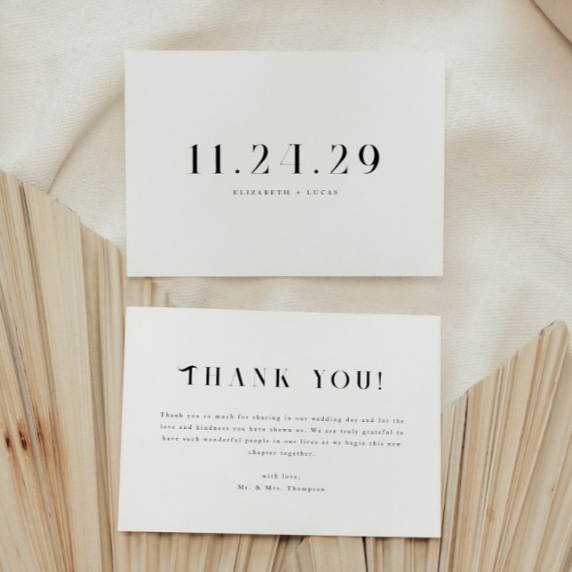 Cartão De Agradecimento Minimalistic Elegant Black & White Wedding Date (Criador carregado)