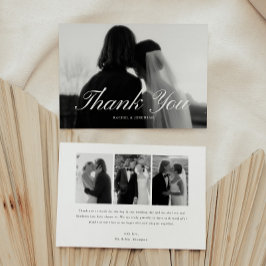 Cartão De Agradecimento Minimalistic Script 3-Photo Black & White Wedding