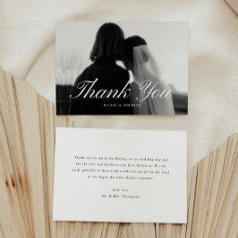 Cartão De Agradecimento Minimalistic Script Black & White Wedding Photo
