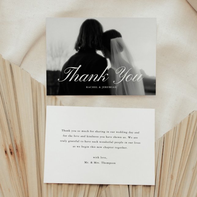 Cartão De Agradecimento Minimalistic Script Black & White Wedding Photo (Criador carregado)
