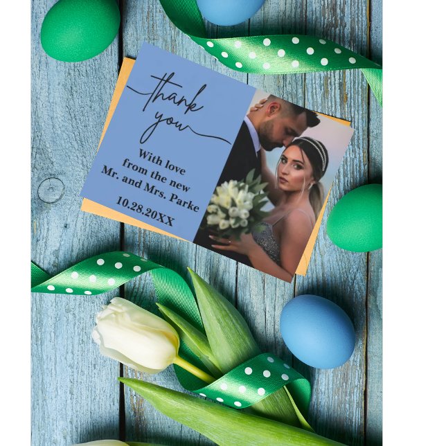 Cartão De Agradecimento Mínimo e Chic Azul Empoeirado Dois Fotos Casamento (Criador carregado)