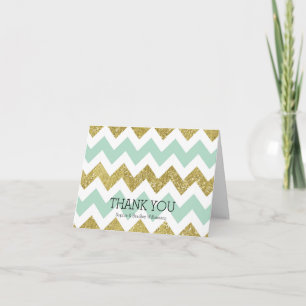 Cartão De Agradecimento Mint e Faux Glitter Chevron Dourado Obrigado