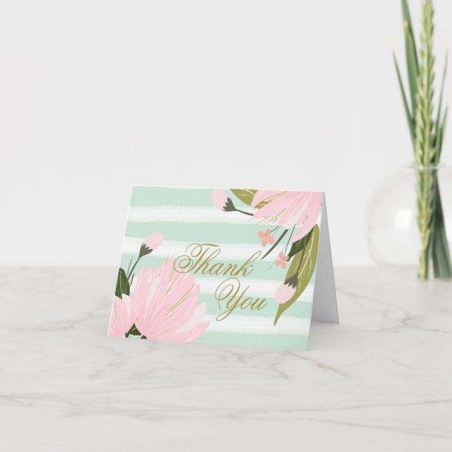 Cartão De Agradecimento Mint e Pink Floral Obrigado (Frente)