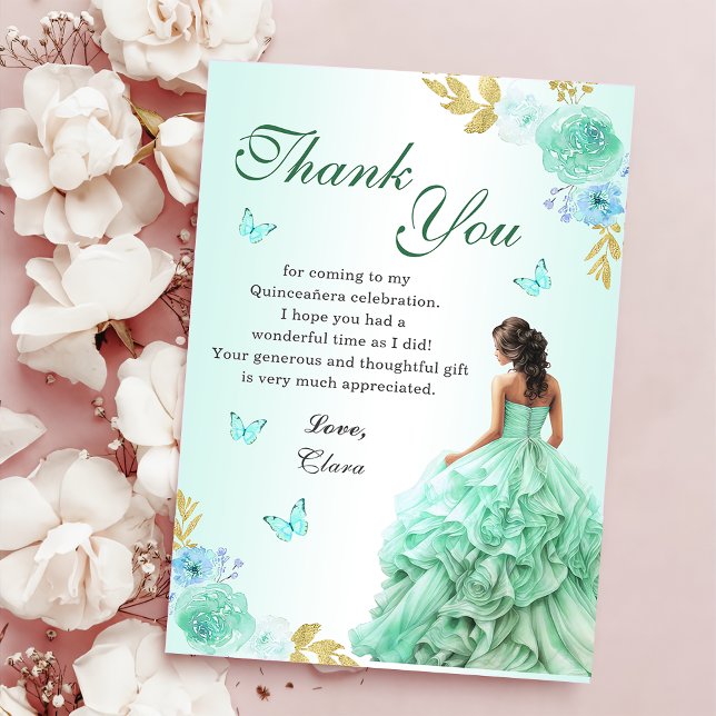 Cartão De Agradecimento Mint Green Princess Dress Quinceañera Birthday (Criador carregado)