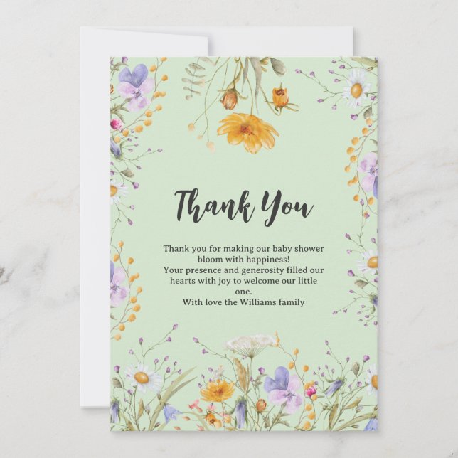 Cartão De Agradecimento Mint wildflower floral Thank You Baby Shower  (Frente)