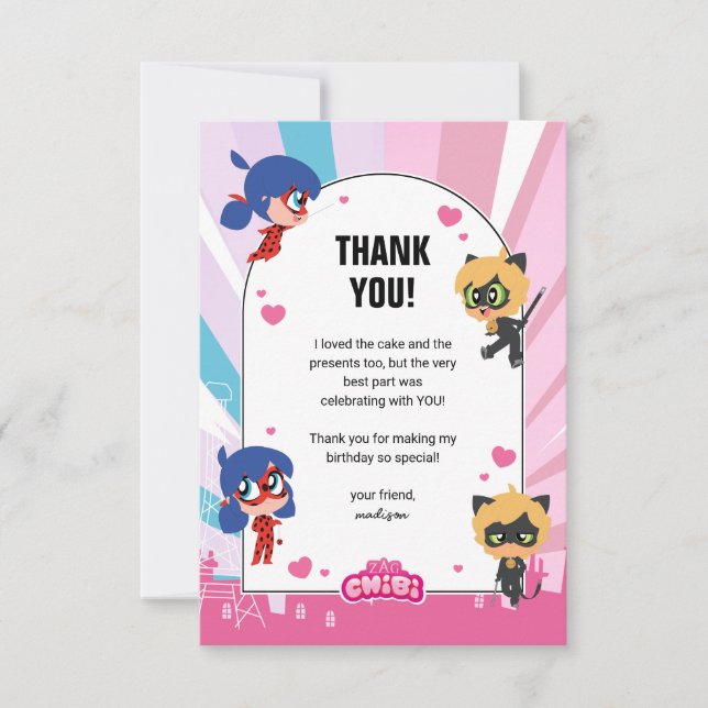 Cartão De Agradecimento Miraculous Ladybug & Cat Noir Chibi Aniversário (Frente)