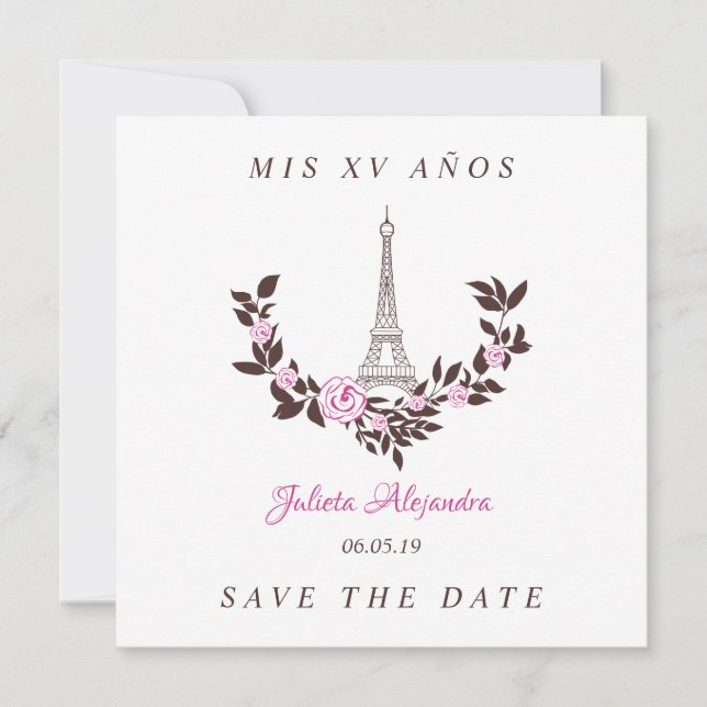 Cartão De Agradecimento Mis Quince años Floral París Rosa Español (Frente)