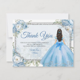 Cartão De Agradecimento Mis Quince Blue Floral Silver Crown Quinceañera