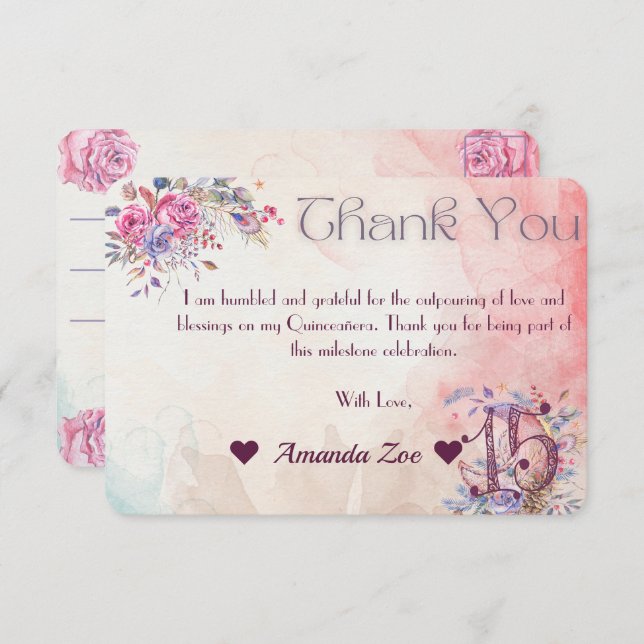 Cartão De Agradecimento Mis Quince Obrigado Nota (Frente/Verso)