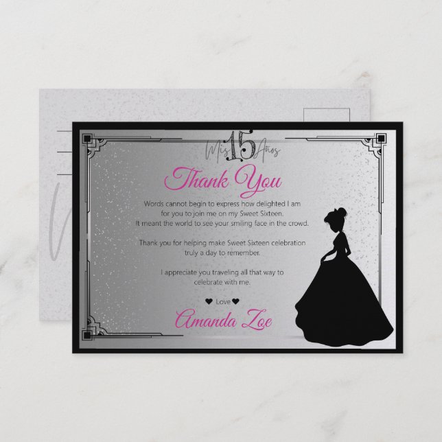 Cartão De Agradecimento Mis Quince Obrigado Nota Preto e Branco (Frente/Verso)