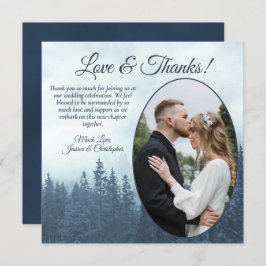 Cartão De Agradecimento Misty Blue Pine Trees Rustic Wedding Foto Oval