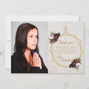 Cartão De Agradecimento Moça Confirmação Burgundy Peony Dourado Cross Marb