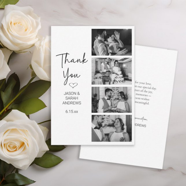 Cartão De Agradecimento Modern 4 Photo Black White Filmstrip Wedding  (Modern black and white 4 photo filmstrip-style wedding thank you card)