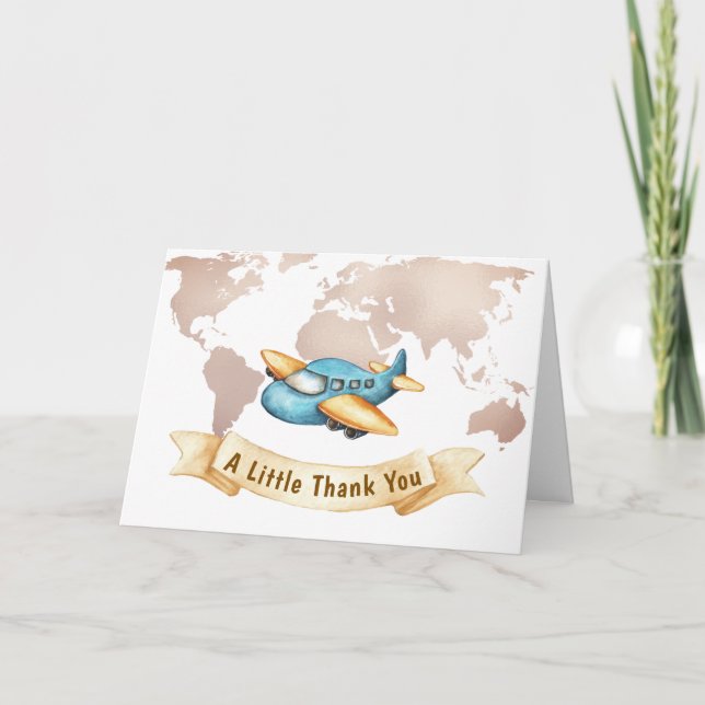 Cartão De Agradecimento Modern Adventure World Map Airplane Baby Shower  (Frente)
