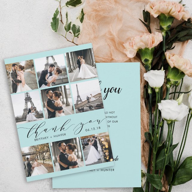 Cartão De Agradecimento Modern Baby Blue Calliografia 9 Colagem de Fotogra (Criador carregado)