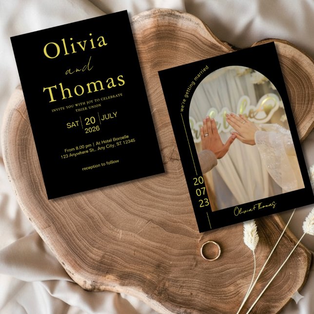 Cartão De Agradecimento Modern Black and Gold Elegant Wedding Invitation  (Criador carregado)