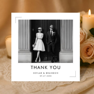 Cartão De Agradecimento Modern Black and White Wedding Photo Square