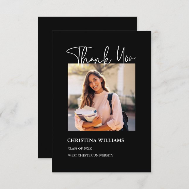 Cartão De Agradecimento Modern Black Photo Graduation (Graduação de Foto N (Frente/Verso)