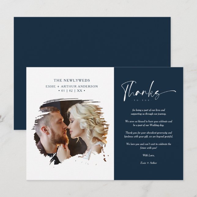 Cartão De Agradecimento Modern Brushstoke Photo Newlyweds Couple Wedding  (Frente/Verso)