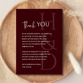 Cartão De Agradecimento Modern Burgundy Monogram Minimalist Wedding
