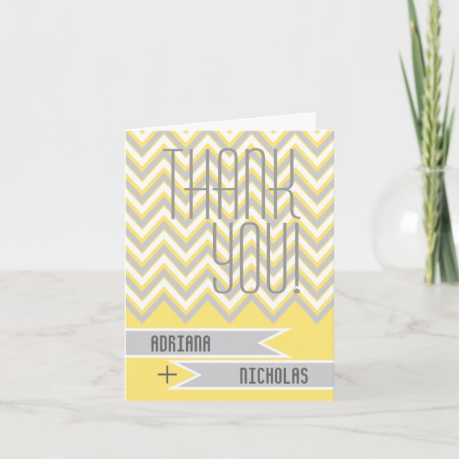 Cartão De Agradecimento Modern chevron grey, yellow wedding Thank You (Frente)