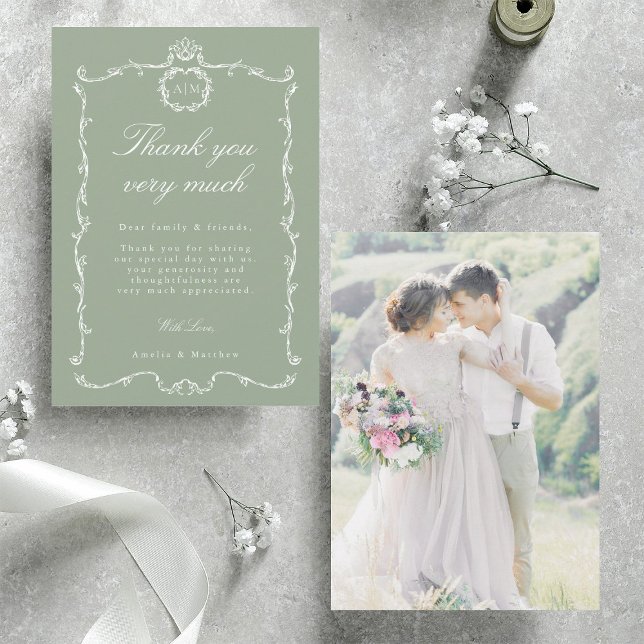 Cartão De Agradecimento Modern Classic French Wedding Photo Sage Green (Front & Back)