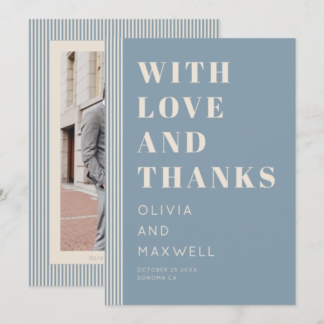 Cartão De Agradecimento Modern Classic Love and Thanks Blue Striped (Frente/Verso)