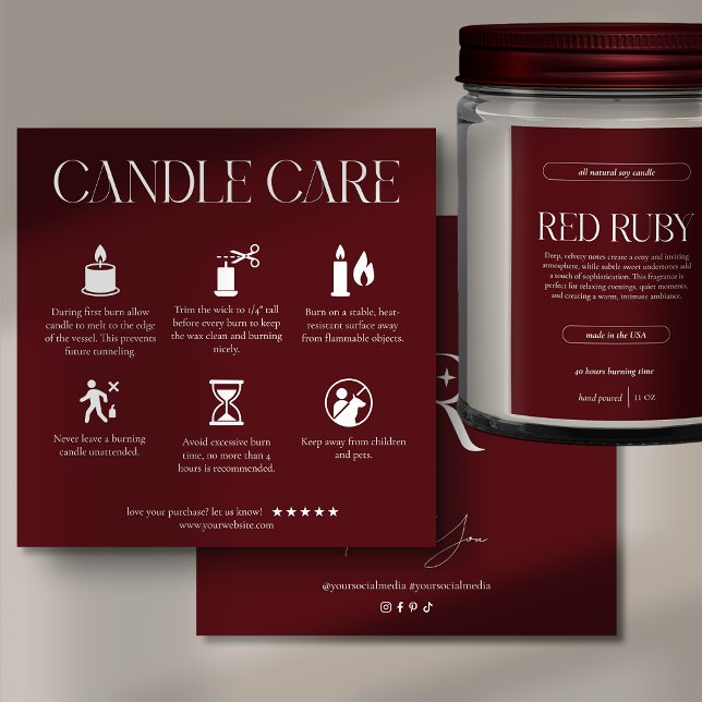 Cartão De Agradecimento Modern Dark Red Candle Care Card (Criador carregado)