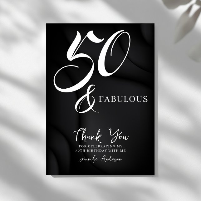 Cartão De Agradecimento Modern Elegant Black White Fifty Fabulous Birthday (Criador carregado)
