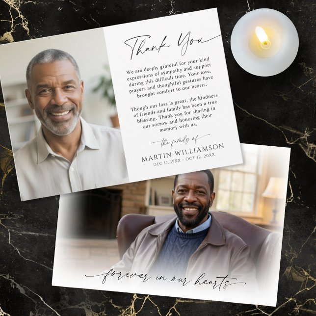 Cartão De Agradecimento Modern Funeral Script Thank You 2 Photos (Criador carregado)