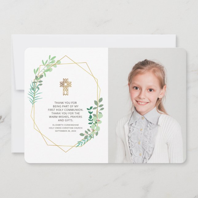 Cartão De Agradecimento Modern Geometric Foliage Comunhão de Fotos Obrigad (Frente)