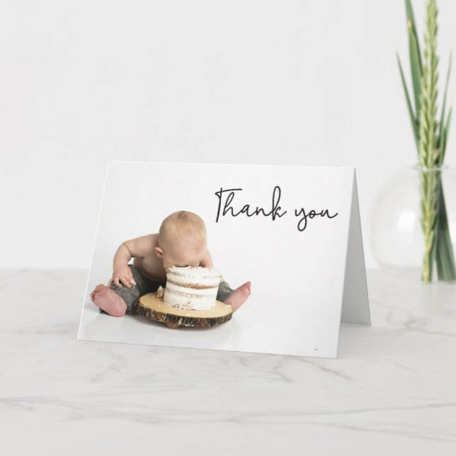 Cartão De Agradecimento Modern handlettering Photo Baby Boy First Birthday (Frente)