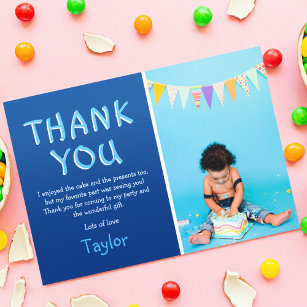 Cartão De Agradecimento Modern Kids Photo Birthday   Blue