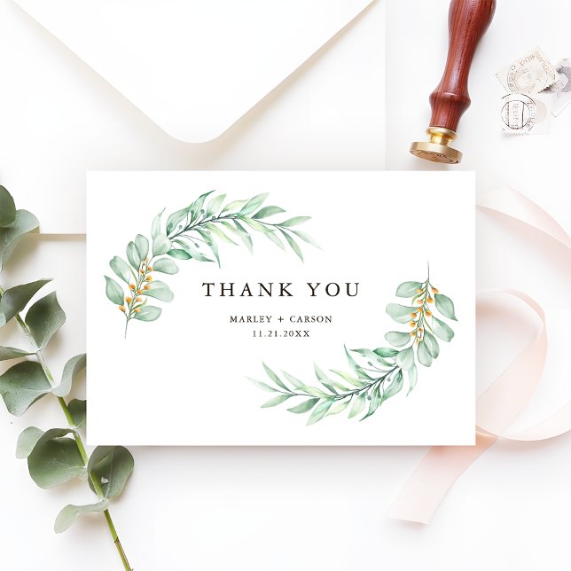 Cartão De Agradecimento Modern Minimalist Greenery Foliage Wedding (Criador carregado)