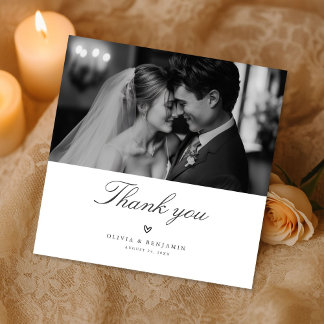 Cartão De Agradecimento Modern Minimalist Monochrome Wedding Photo Square