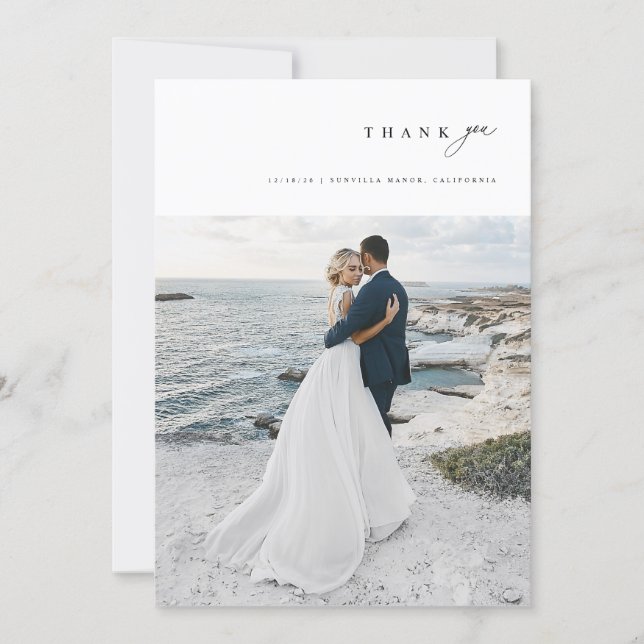 Cartão De Agradecimento Modern Minimalist Simple Script Wedding Photo (Frente)