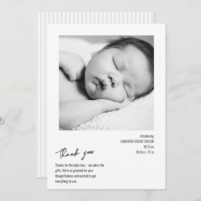 Cartão De Agradecimento Modern Minimalist Stripe Baby Photo Birth Arrival (Frente/Verso)