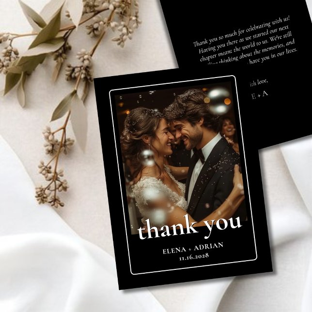 Cartão De Agradecimento Modern Moody Wedding Thank You Card with Photo (Criador carregado)
