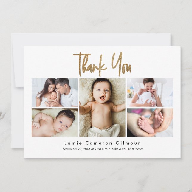 Cartão De Agradecimento Modern Multi-Photo Newborn Baby Name Birth stats (Frente)