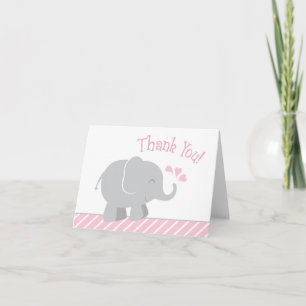 Cartão De Agradecimento Modern Pink and Gray Elephant Girl Baby Shower